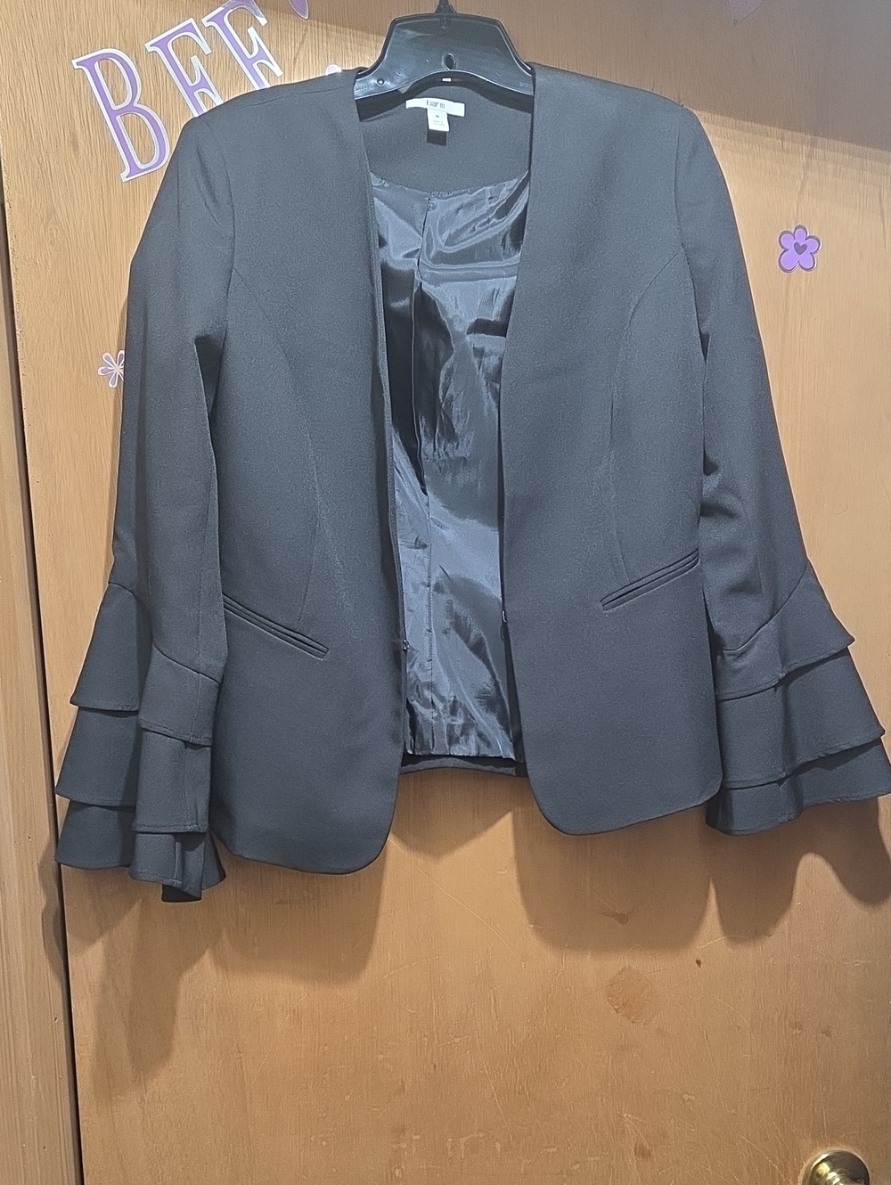 Bar III Black Open-Front Blazer with Layered Ruffle Sleeves